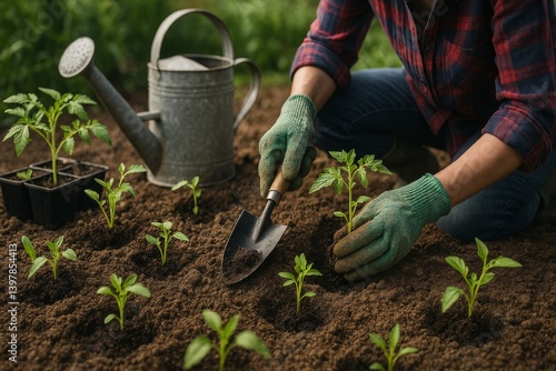 Gardener Planting Young Tomato Seedlings in a Well-Prepared Soil Bed During D...
