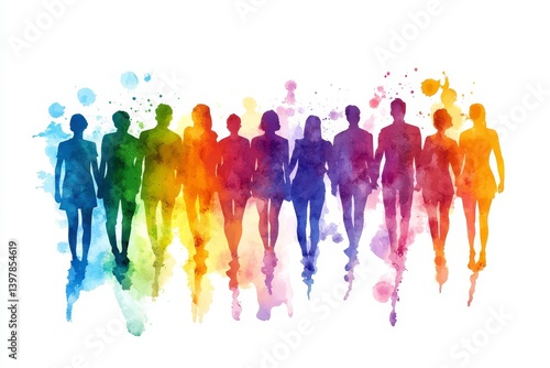 Watercolor rainbow silhouettes of people together on a white background in a stunning artistic shot
