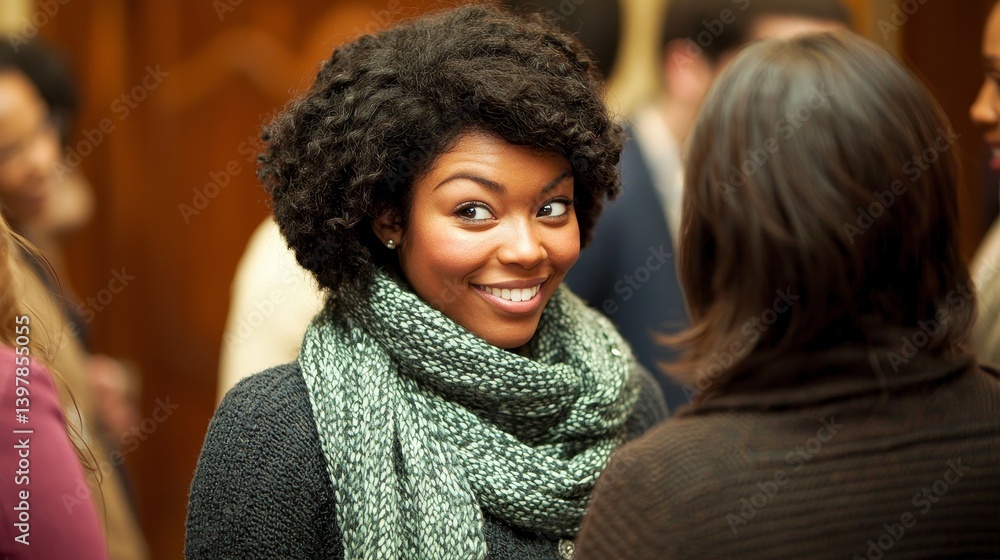 Joyful woman in casual wear smiling and engaging in conversation at social event Joyful woman in casual wear smiling and engaging in conversation at social event