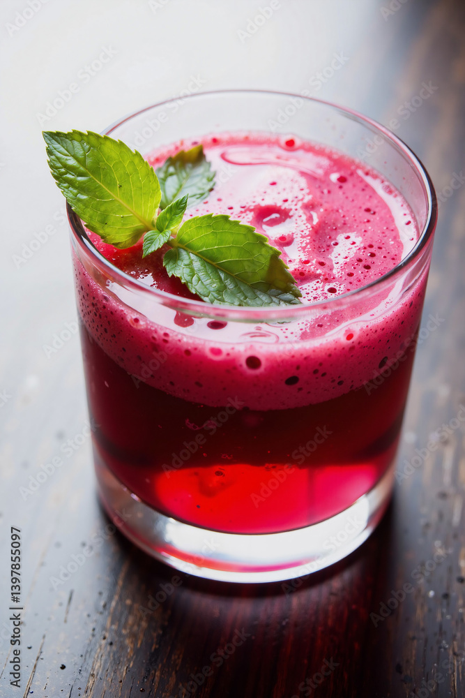 A refreshing beet juice drink in a clear glass, garnished with a sprig of mint, sits on a wooden table A refreshing beet juice drink in a clear glass, garnished with a sprig of mint, sits on a wooden table