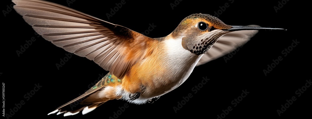 Fototapeta premium A graceful hummingbird with colorful feathers and a long tail flits through a dreamlike world aglow with sparkling lights and hues