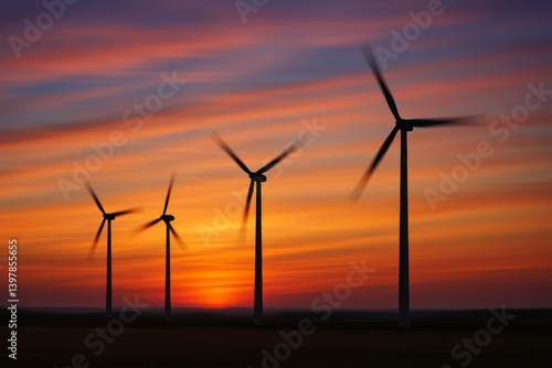 Colorful Sunset With Wind Turbines Spinning in the Foreground Near an Open Field
