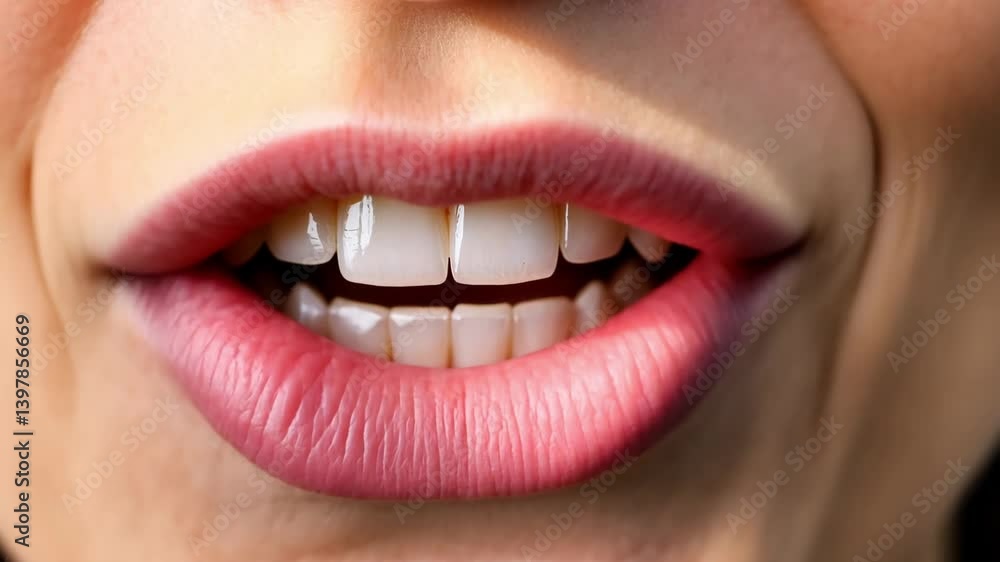 Close up of cheerful smile with healthy pink lips and bright teeth, radiating confidence and positivity in every frame. Close up of cheerful smile with healthy pink lips and bright teeth, radiating confidence and positivity in every frame.