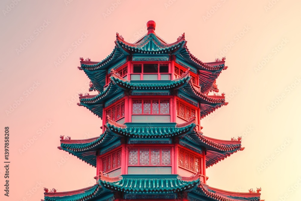 Minimalist chinese architectural tower with a red gradient, sky blue and pink accents Minimalist chinese architectural tower with a red gradient, sky blue and pink accents