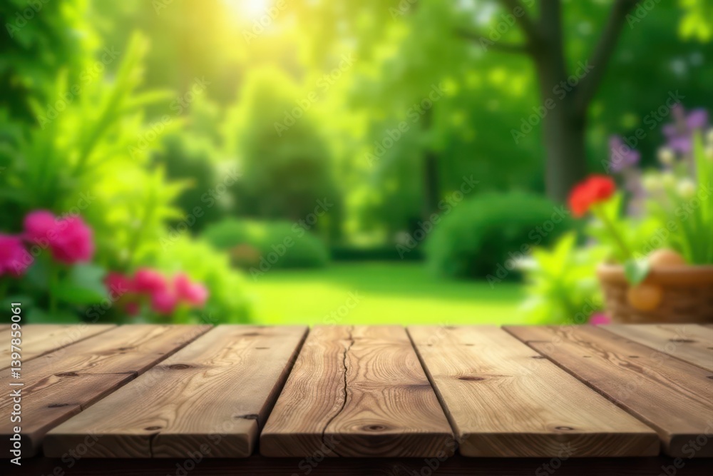 Rustic wooden table, soft focus garden setting, green, leaves, minimal Rustic wooden table, soft focus garden setting, green, leaves, minimal
