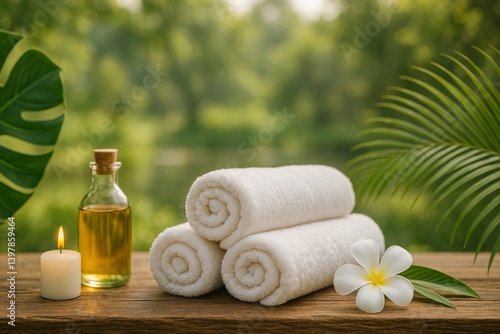 Towels and Essential Oils Arranged on a Wooden Table Near a Serene River Surr...