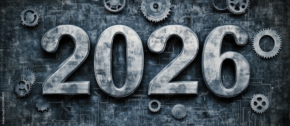 A metallic industrial graphic showing the year two thousand and twenty six A metallic industrial graphic showing the year two thousand and twenty six