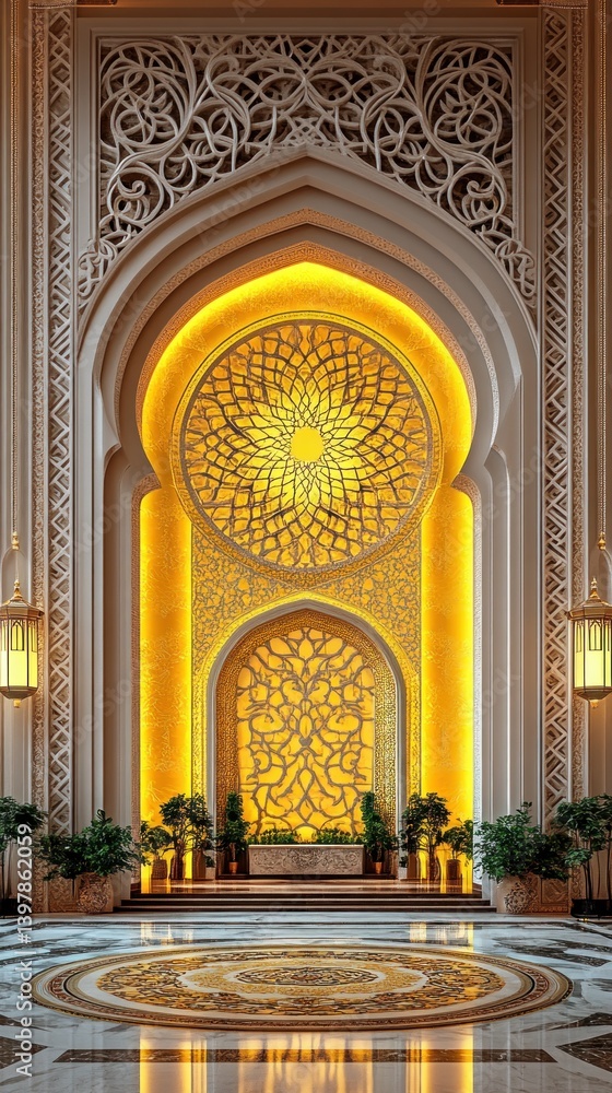 Obraz premium Elegant interior features elaborate architectural design and decorative illumination