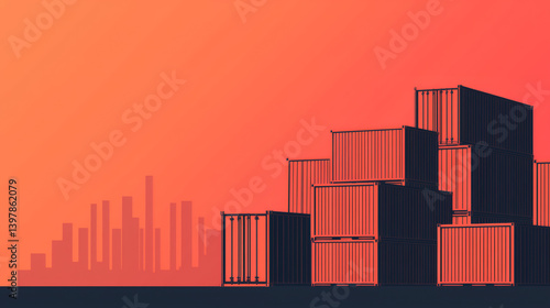 A stylized graphic of stacked shipping containers against a gradient sunset background, symbolizing industry and transportation.