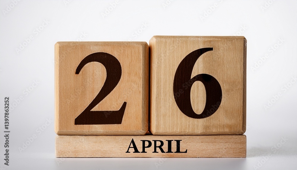 Minimalist photo of wooden blocks with date 26 April. Day and month, calendar on white background Minimalist photo of wooden blocks with date 26 April. Day and month, calendar on white background