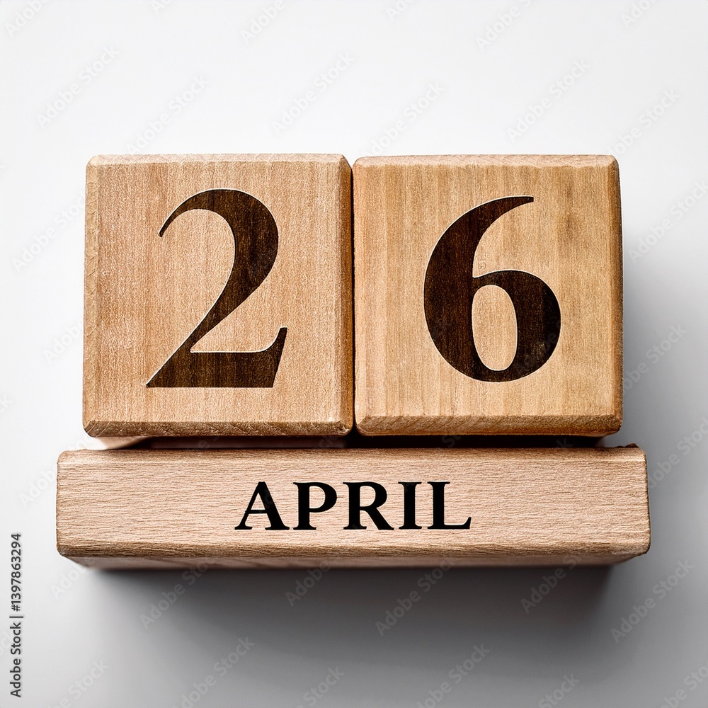 Minimalist photo of wooden blocks with date 26 April. Day and month, calendar on white background Minimalist photo of wooden blocks with date 26 April. Day and month, calendar on white background