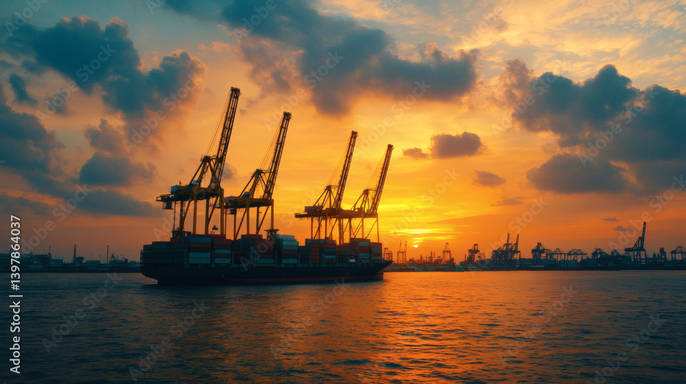 A silhouette of shipping cranes against a vibrant sunset, reflecting on the water, creating a dramatic industrial landscape.