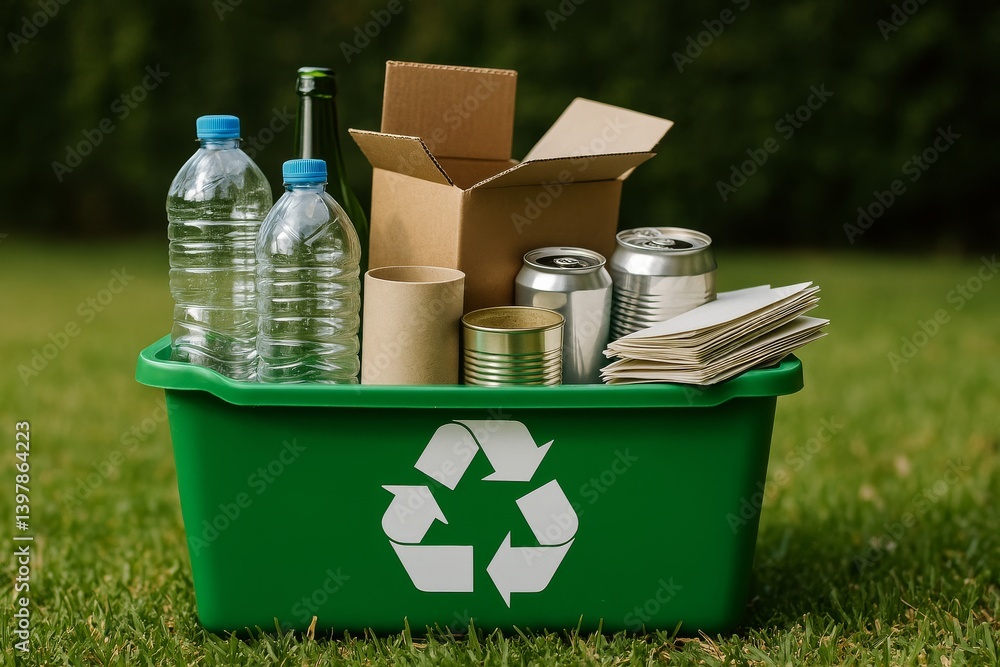 Recycling Station in a Park Showcases Various Recyclable Materials During a Sunny Afternoon