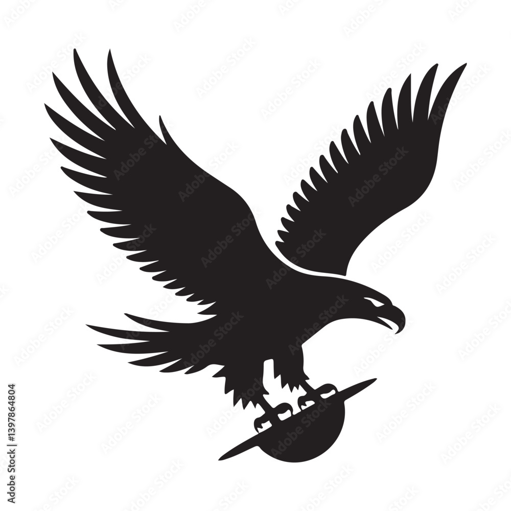 Fototapeta premium Bold black eagle with wide wings spread, perfect for animal and nature illustrations.