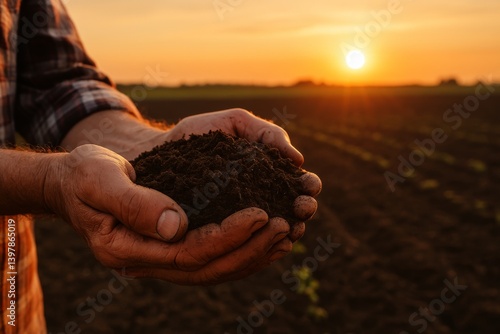 Harvesting Hope at Sunset With Hands Holding Rich Soil in a Green Field