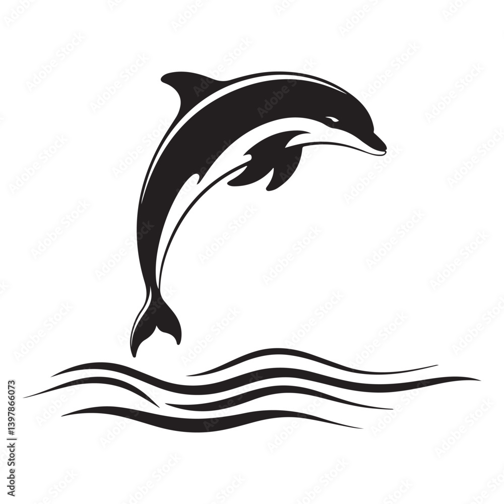 Obraz premium Elegant black dolphin silhouette jumping over waves, perfect for ocean and animal designs.