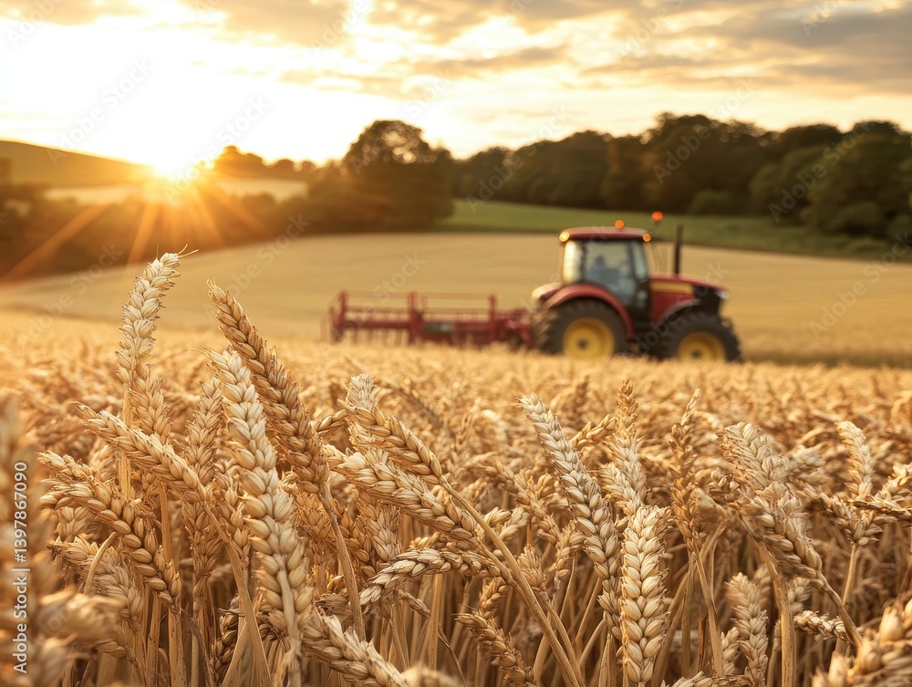 Fototapeta premium Golden Wheat Field at Sunset with Tractor