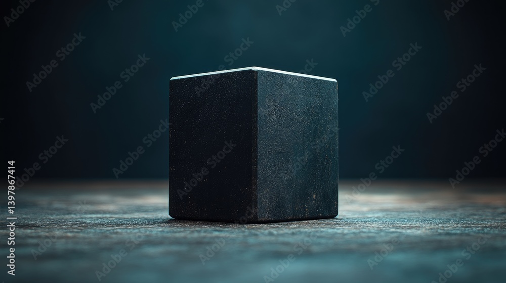 Minimalistic. Dark cube sitting on a textured surface with a dark backdrop, simple Minimalistic. Dark cube sitting on a textured surface with a dark backdrop, simple