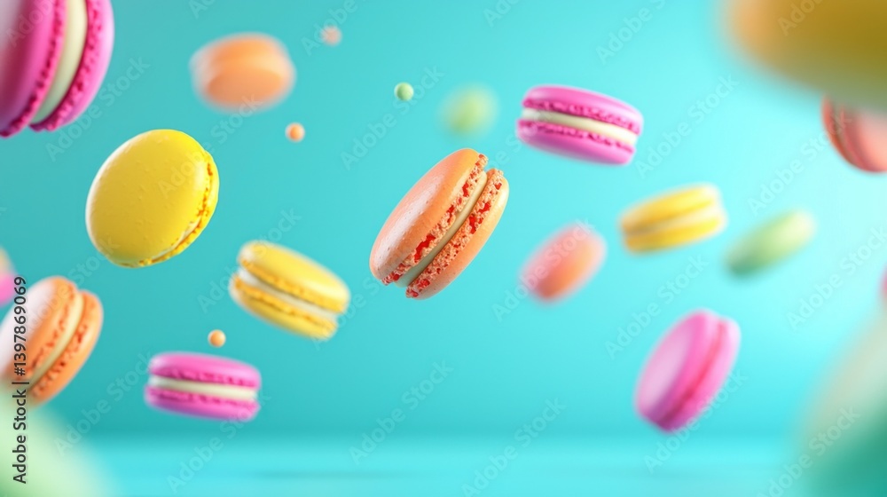 A bunch of colorful macarons are flying through the air A bunch of colorful macarons are flying through the air