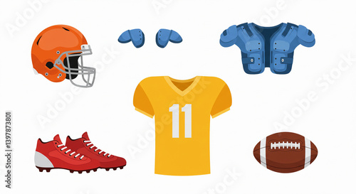 Infographic-style image showing labeled parts of American football gear: helmet, shoulder pads, cleats, jersey, ball – flat design with bold colors without name of gear