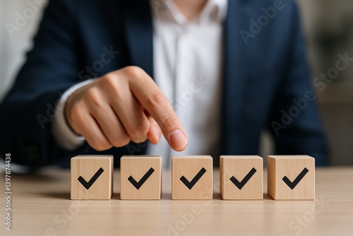 Successful Business Growth through Achieving Goals with Checkmark Blocks in a Professional Office Setting
