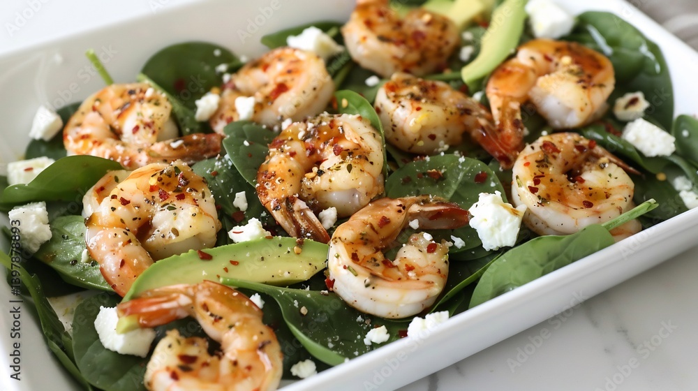 Low carb shrimp spinach salad with avocado feta cheese and lemon vinaigrette plated on a sleek white dish Low carb shrimp spinach salad with avocado feta cheese and lemon vinaigrette plated on a sleek white dish
