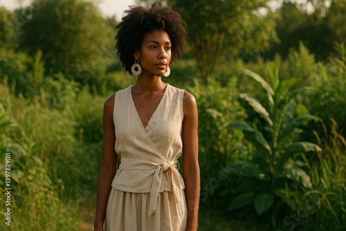 Portrait of a Woman in a Casual Outfit Standing in a Green Field During Late ...