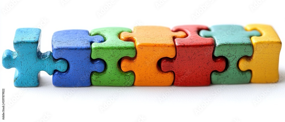 Connect Toys Colorful puzzle pieces arranged in a row, symbolizing connection and problem-solving.