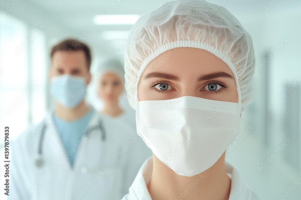 A nurse in a gown in the foreground, followed by a surgeon and the head doctor of the hospital. A medical worker in a mask. Preparing for surgery A nurse in a gown in the foreground, followed by a surgeon and the head doctor of the hospital. A medical worker in a mask. Preparing for surgery
