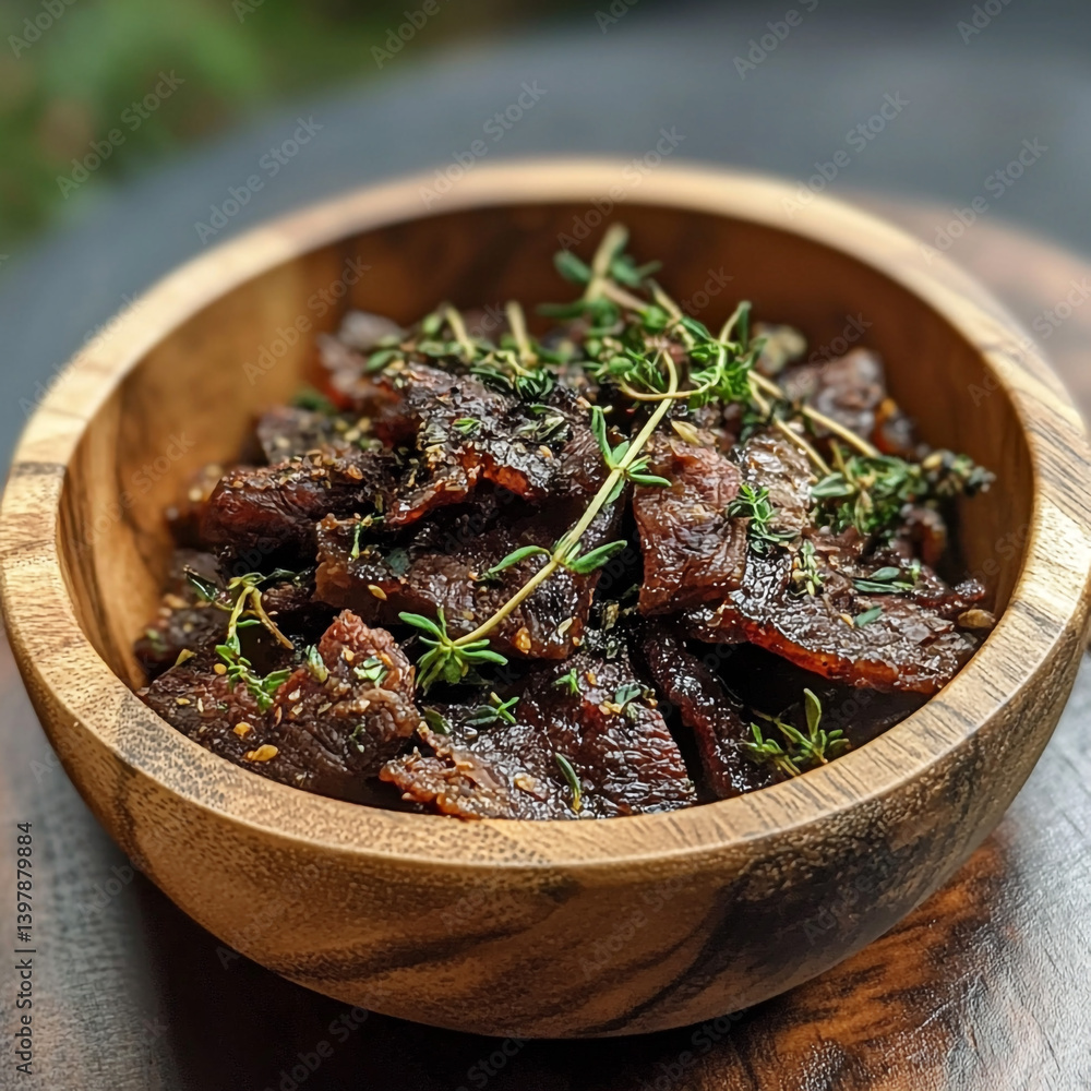 Delicious Spicy Beef Jerky Snack in Wooden Bowl Gourmet Food Closeup Delicious Spicy Beef Jerky Snack in Wooden Bowl Gourmet Food Closeup