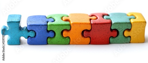 Connect Toys Colorful puzzle pieces arranged in a row, symbolizing connection and problem-solving.