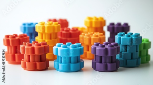 Obraz na płótnie Connect Toys Colorful stacking toys arranged in a playful display, showcasing vibrant hues and shapes. w salonie