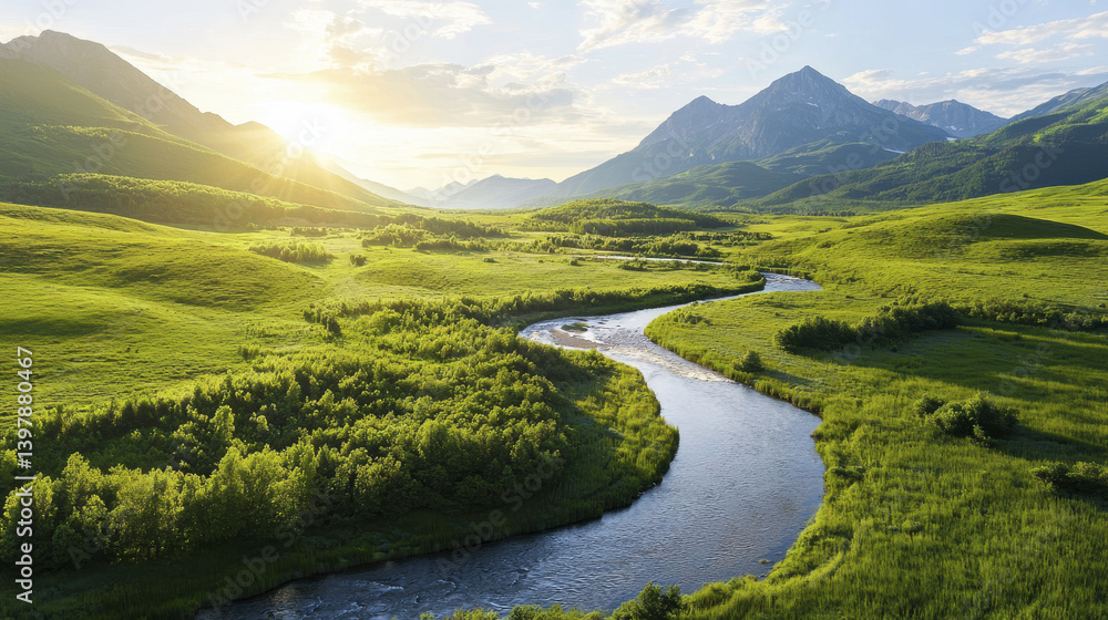 serene river landscape with sunlit mountains and lush greenery serene river landscape with sunlit mountains and lush greenery