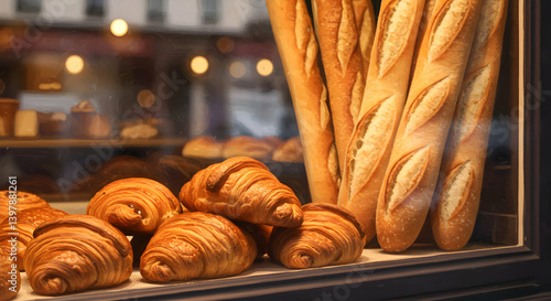 Golden Brown Baguettes And Croissants In Bakery Display