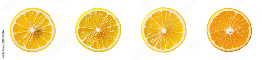 Fresh lemon and orange slices on food. Cut out png set Fresh lemon and orange slices on food. Cut out png set