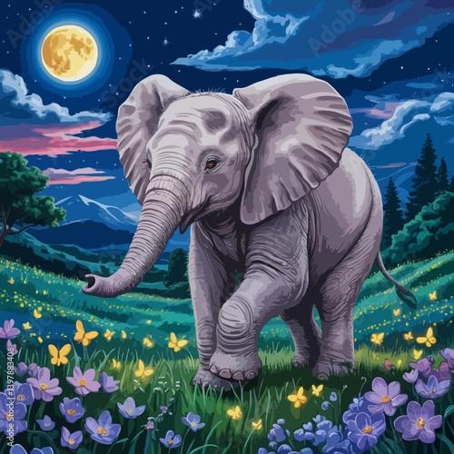 Happy elephant dancing in the moonlight with the fireflies freedom and joy concept illustration vector