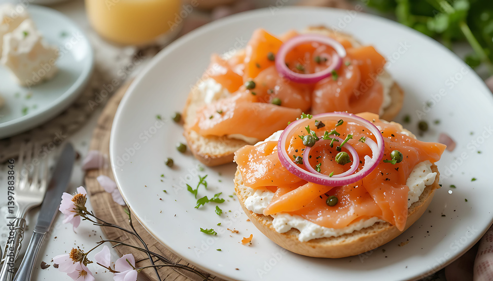 Two bagel slices topped with cream cheese salmon and red onion on a white plate close up view Two bagel slices topped with cream cheese salmon and red onion on a white plate close up view