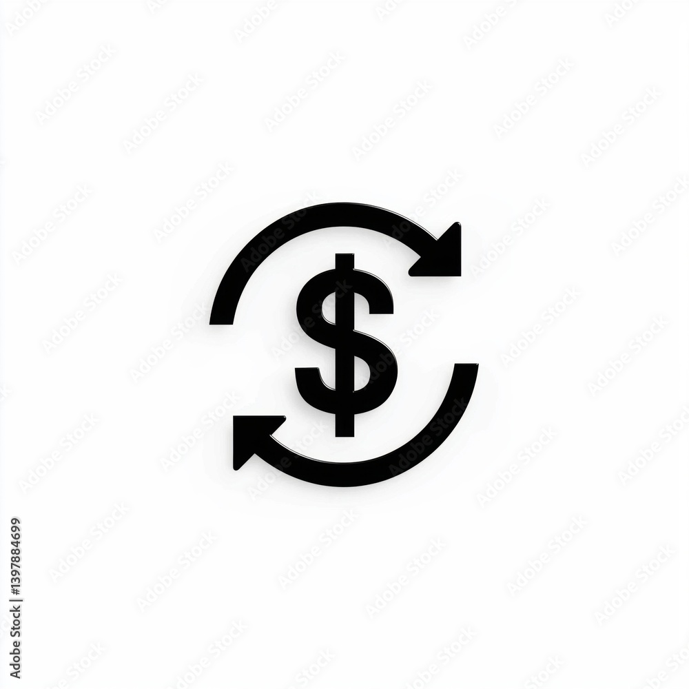 A simple black dollar sign enclosed by circular arrows, representing financial transactions and currency exchange. A simple black dollar sign enclosed by circular arrows, representing financial transactions and currency exchange.