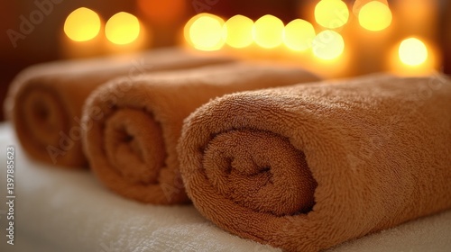 Rolled towels sit neatly, with lit candles in background, creating a relaxing scene