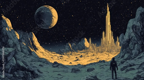 Wallpaper Mural Futuristic city glows amidst rugged terrain. A lone figure gazes up at towering structures under a starry sky and bright moon Torontodigital.ca