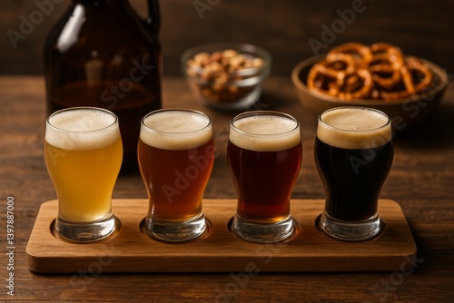 Craft Beers Served in Tasting Glasses With Snacks in a Cozy Setting at a Brewery