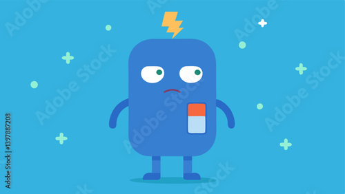 Empty Battery Icon A character with a drained battery symbol above their head signifying low energy levels and fatigue associated with emotional burnout.
