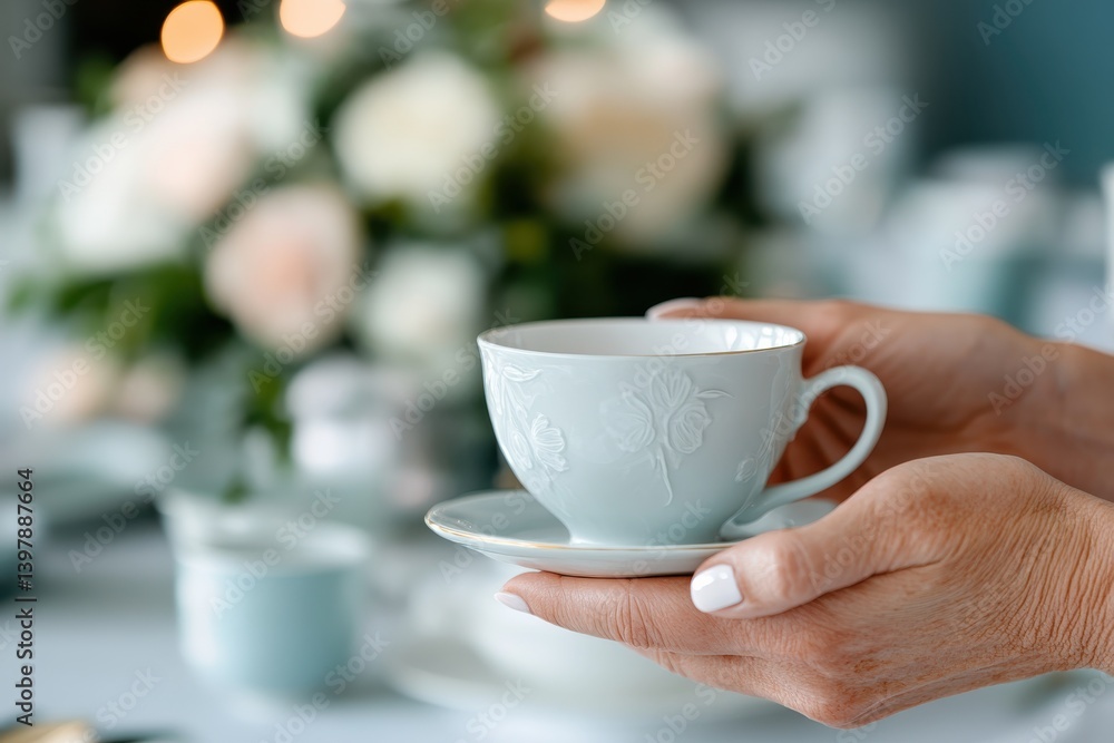 Fototapeta premium A delicate teacup held in hands showcasing a floral pattern, symbolizing elegance and warmth in social gatherings, perfect for tea-time or special occasions.
