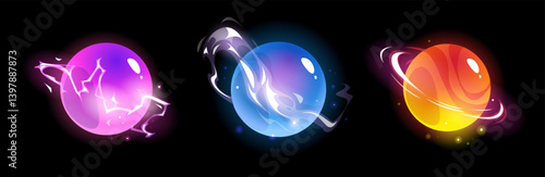 Game energy colorful sphere with lighthings. Vector illustrations set of glowing pink, blue and electric power yellow balls