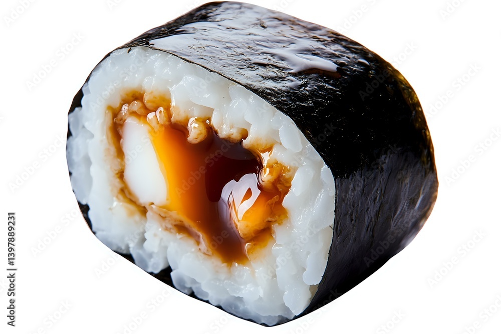 Fresh sushi roll with rice, nori seaweed wrap, and tempura shrimp filling drizzled with sweet soy sauce, isolated on white background for menu design. Fresh sushi roll with rice, nori seaweed wrap, and tempura shrimp filling drizzled with sweet soy sauce, isolated on white background for menu design.