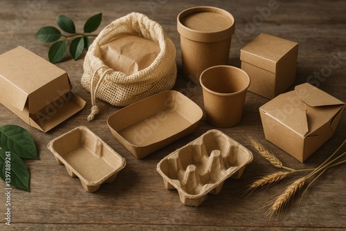Eco-friendly Packaging Materials Displayed on a Wooden Table in a Natural Set...