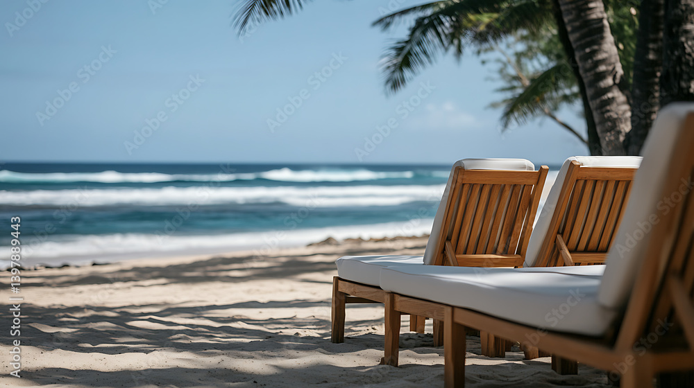 Row of Beach Loungers on a Tropical Shoreline Row of Beach Loungers on a Tropical Shoreline