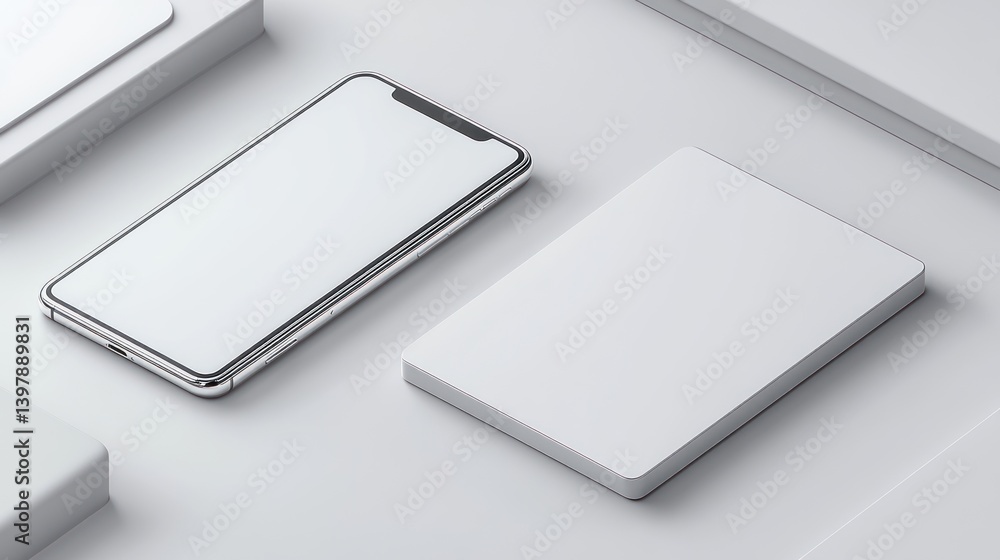 A modern silver smartphone sits beside a flat white electronic device A modern silver smartphone sits beside a flat white electronic device