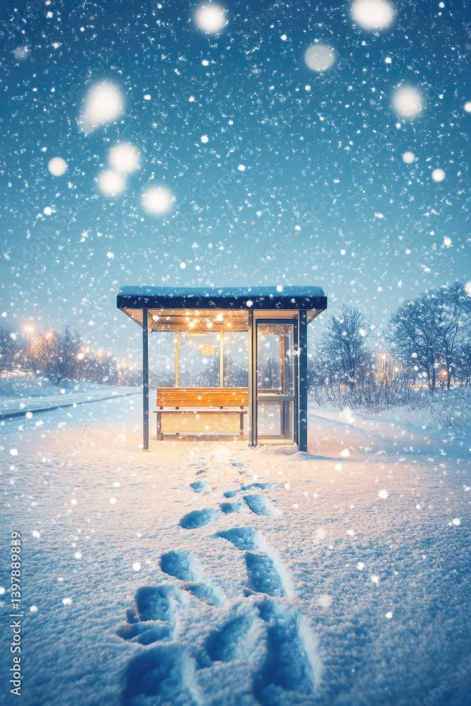 Snowy scene captures bus stop illuminated by warm light amidst f Snowy scene captures bus stop illuminated by warm light amidst f