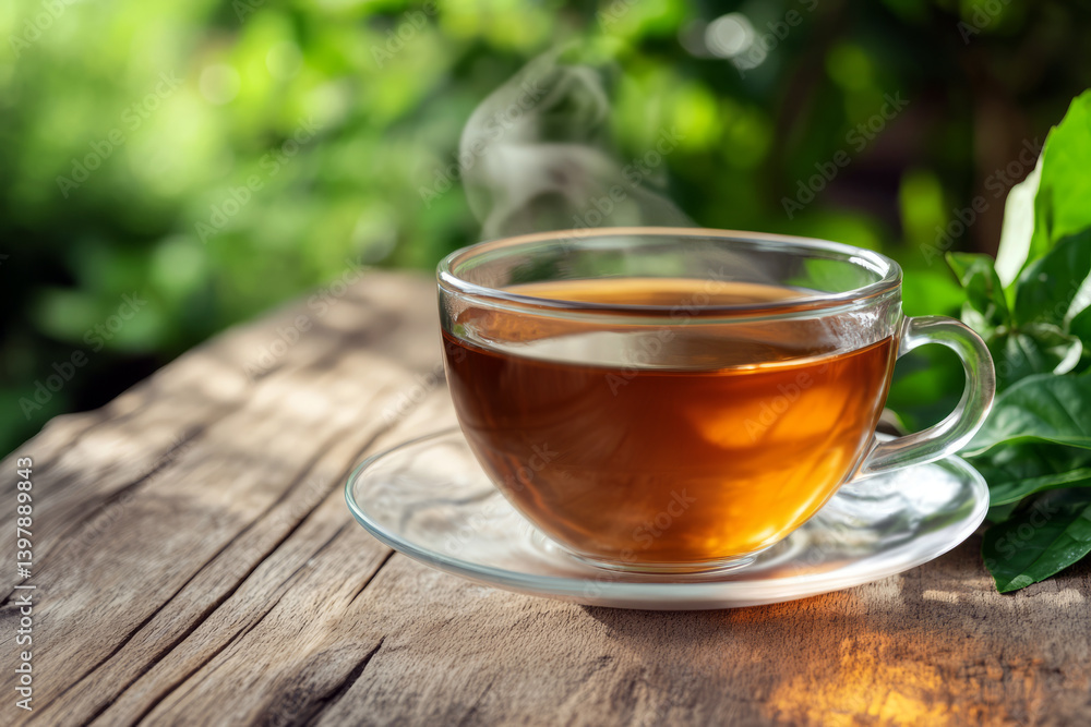 Hot Tea in Glass Cup on Wooden Table Surrounded by Green Leaves and Natural Light Hot Tea in Glass Cup on Wooden Table Surrounded by Green Leaves and Natural Light